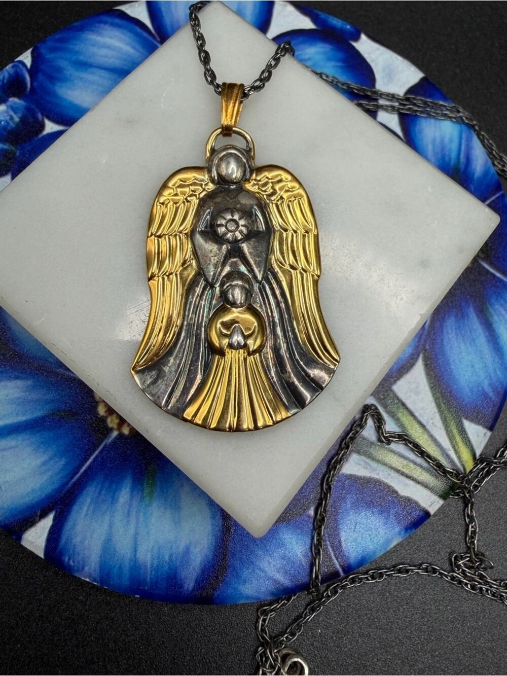 Gorham Sterling Silver 925 Two Tone Guardian Angel Pendant necklace #F027 23”